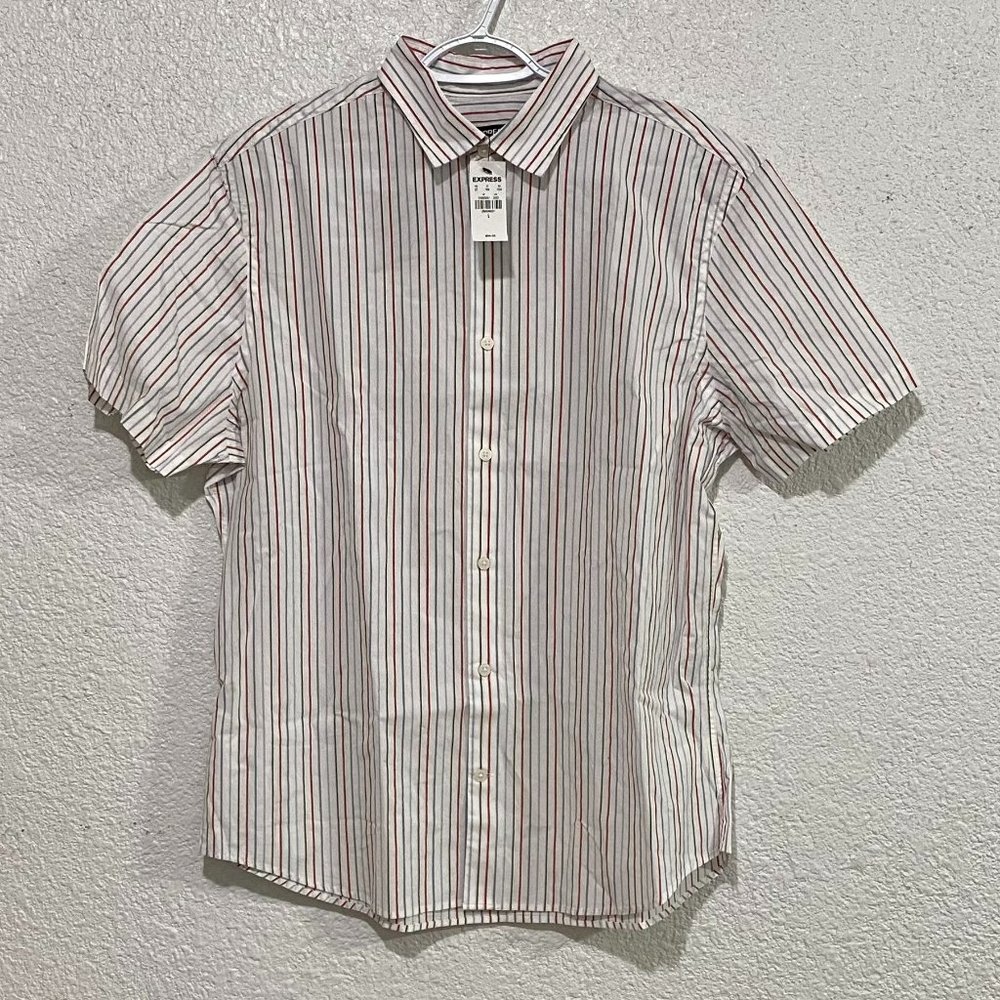 New Large Express Small Slim Striped Stretch Cotton Short Sleeve Button Up Shirt